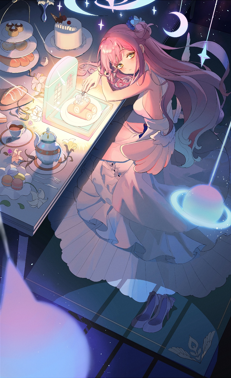 1girl, angel_wings, arona's_sensei_doodle_(blue_archive), back, bangs, blue_archive, blue_flower, blush
