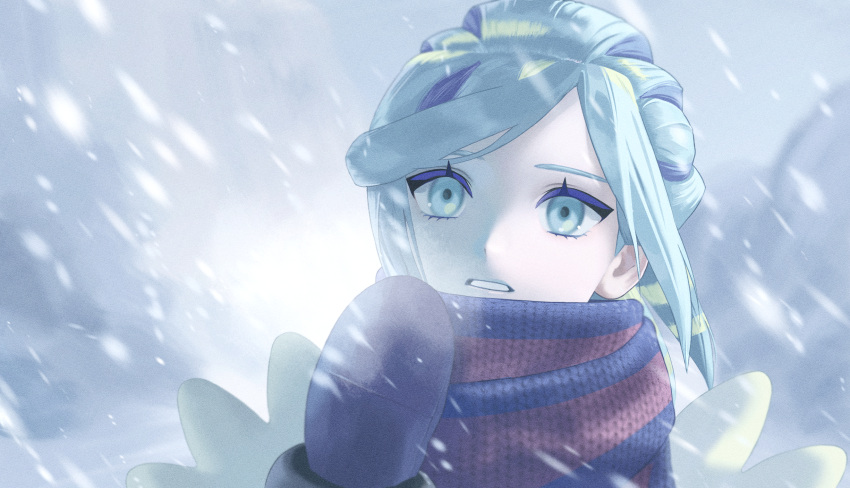 1boy, breath, commentary_request, day, eyelashes, green_eyes, green_hair, grusha_(pokemon)
