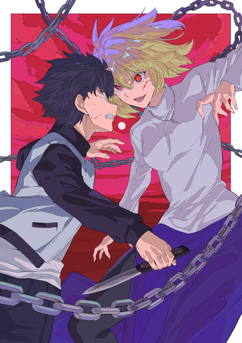 1boy, 1girl, absurdres, arcueid_brunestud, bangs, battle, black_hair, black_jacket