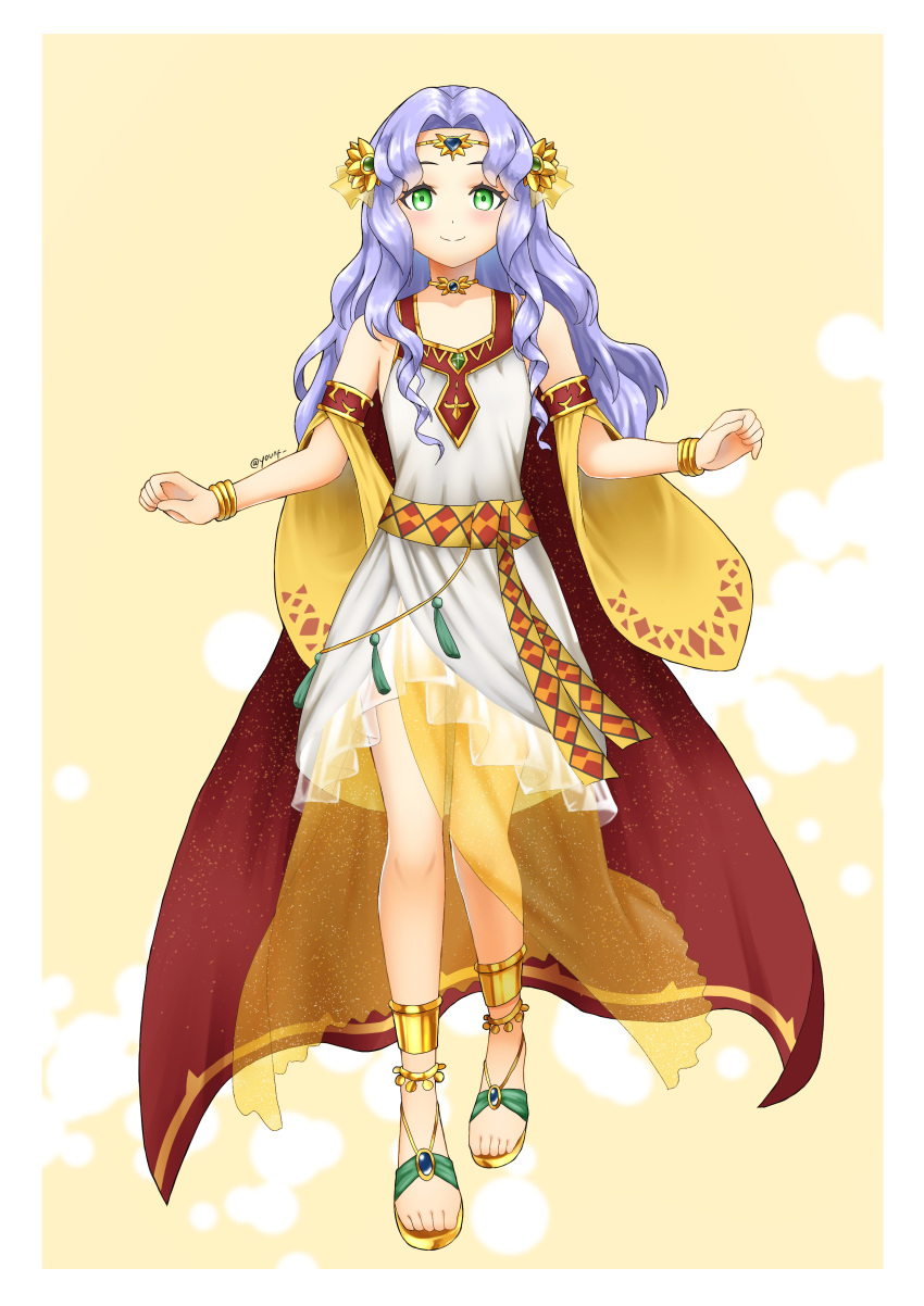 1girl, absurdres, alternate_eye_color, bare_shoulders, bracelet, cape, circlet, collarbone, dress, english_commentary, fire_emblem, fire_emblem:_thracia_776, fire_emblem_heroes, green_eyes, highres, jewelry, light_purple_hair, long_hair, official_alternate_costume, orange_background, red_cape, sara_(fire_emblem), sara_(khadein)_(fire_emblem), see-through, simple_background, sleeveless, sleeveless_dress, smile, solo, toeless_footwear, twitter_username, very_long_hair, white_dress, yuda_nf