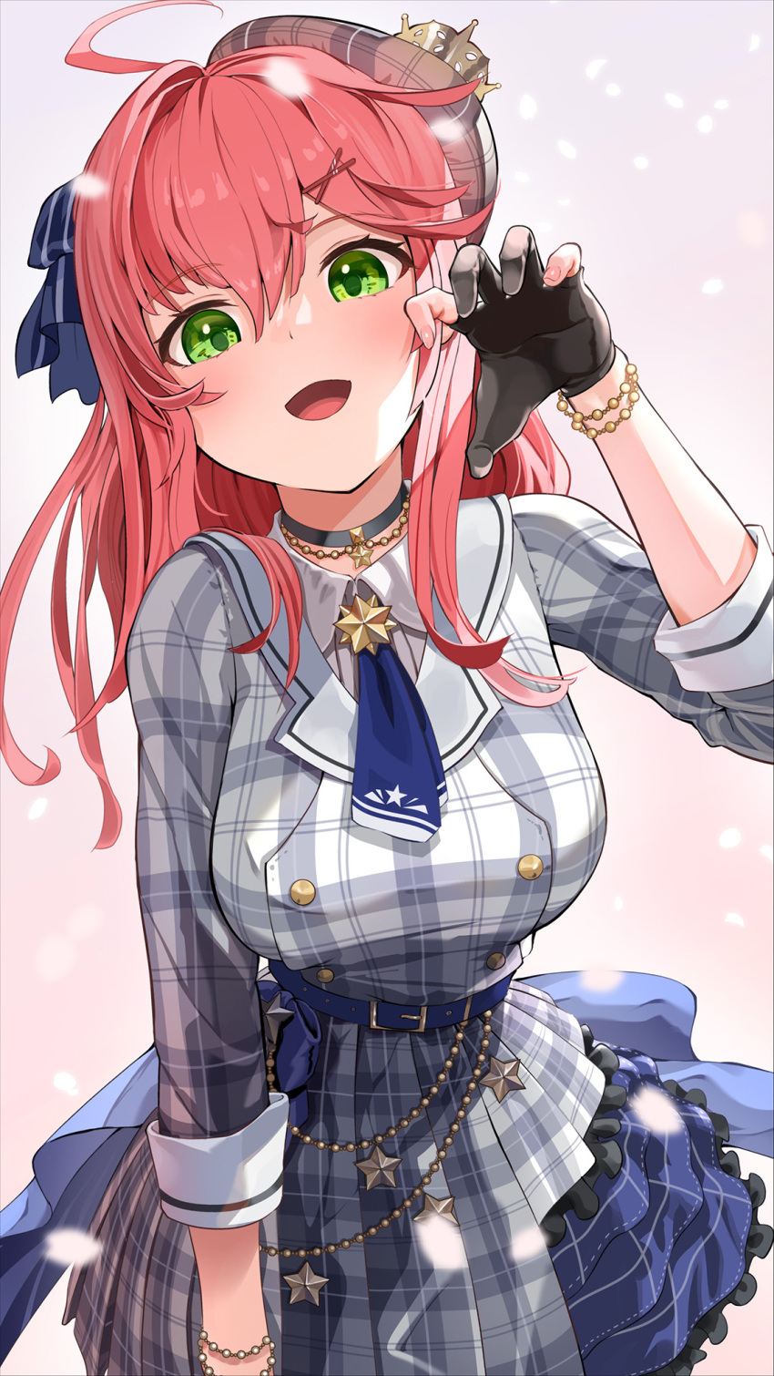 1girl, ahoge, bangs, bead_bracelet, beads, belt, beret, black_choker