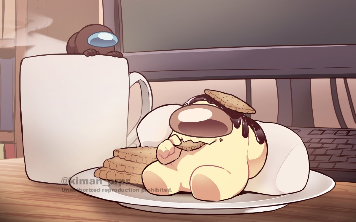 2others, among_us, brown_(among_us), chocolate, coffee_mug, commentary_request, computer, cracker