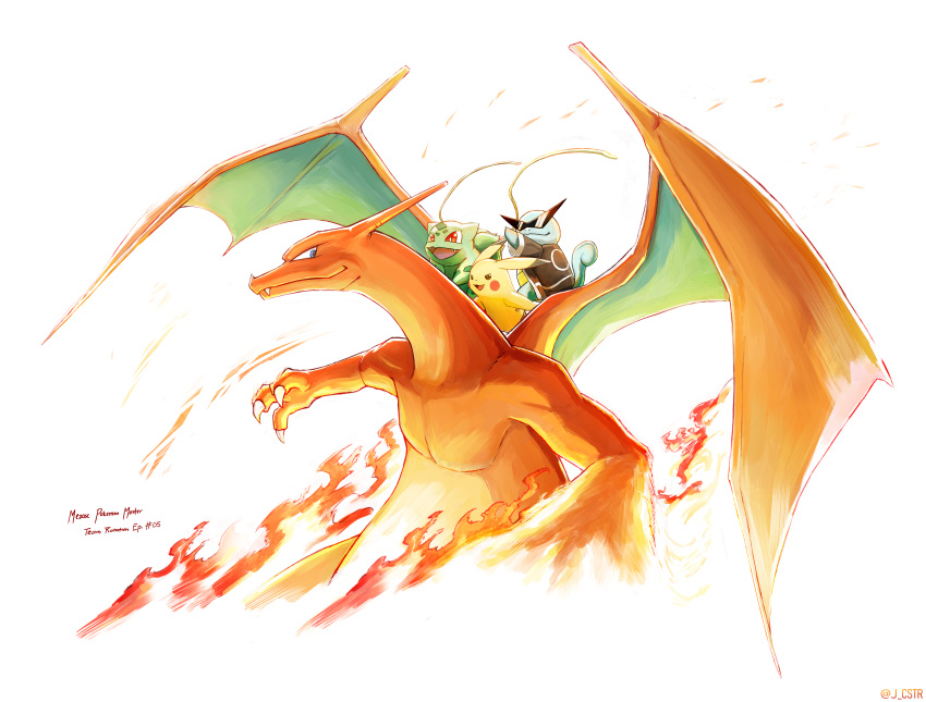 absurdres, bulbasaur, charizard, closed_mouth, clothed_pokemon, commentary, fang, fang_out