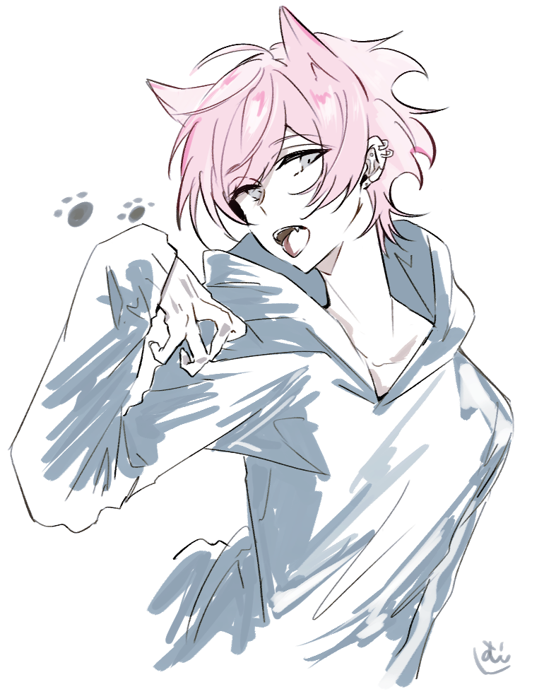 1boy, animal_ears, cat_boy, cat_ears, dear_vocalist, facing_viewer, grey_eyes, hood, hood_down, hoodie, jjajj, long_sleeves, looking_to_the_side, male_focus, open_mouth, paw_print, pink_hair, re-o-do, short_hair, sketch, solo, white_hoodie