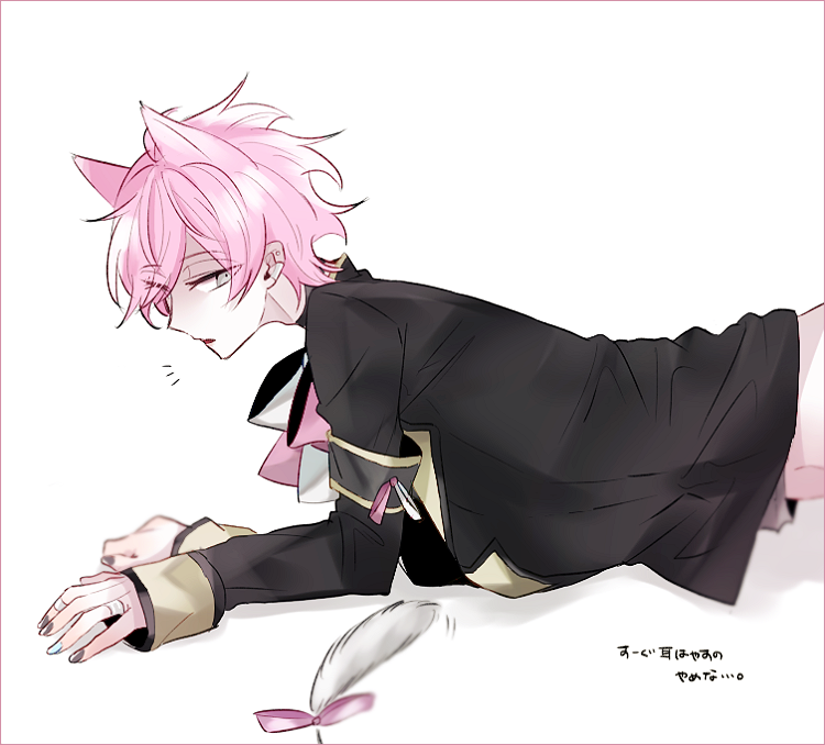 1boy, animal_ears, black_nails, black_shirt, cat_boy, cat_ears, dear_vocalist, ear_piercing, grey_eyes, jjajj, long_sleeves, male_focus, piercing, pink_hair, re-o-do, shirt, short_hair, solo, white_background, white_nails