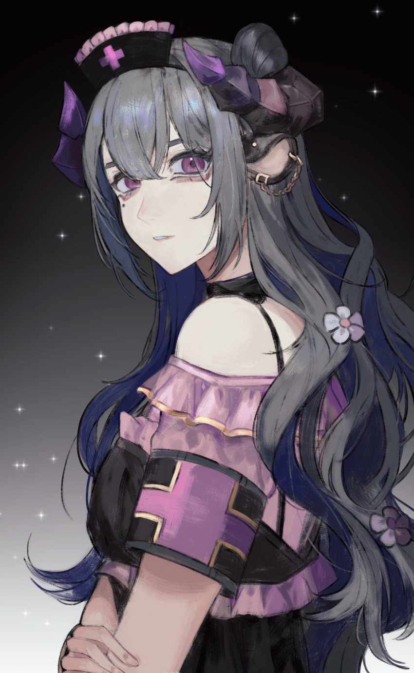 1girl, absurdres, animal_ears, bangs, black_dress, breasts, chikafuji_lisa, dress, eyebrows_hidden_by_hair, flower, from_side, grey_hair, hair_flower, hair_ornament, hat, highres, horns, long_hair, looking_at_viewer, medium_breasts, mole, mole_under_eye, nurse_cap, off_shoulder, sheep_ears, sheep_girl, sheep_horns, tsunderia, very_long_hair, violet_eyes, virtual_youtuber, white_flower, xo_wawawa