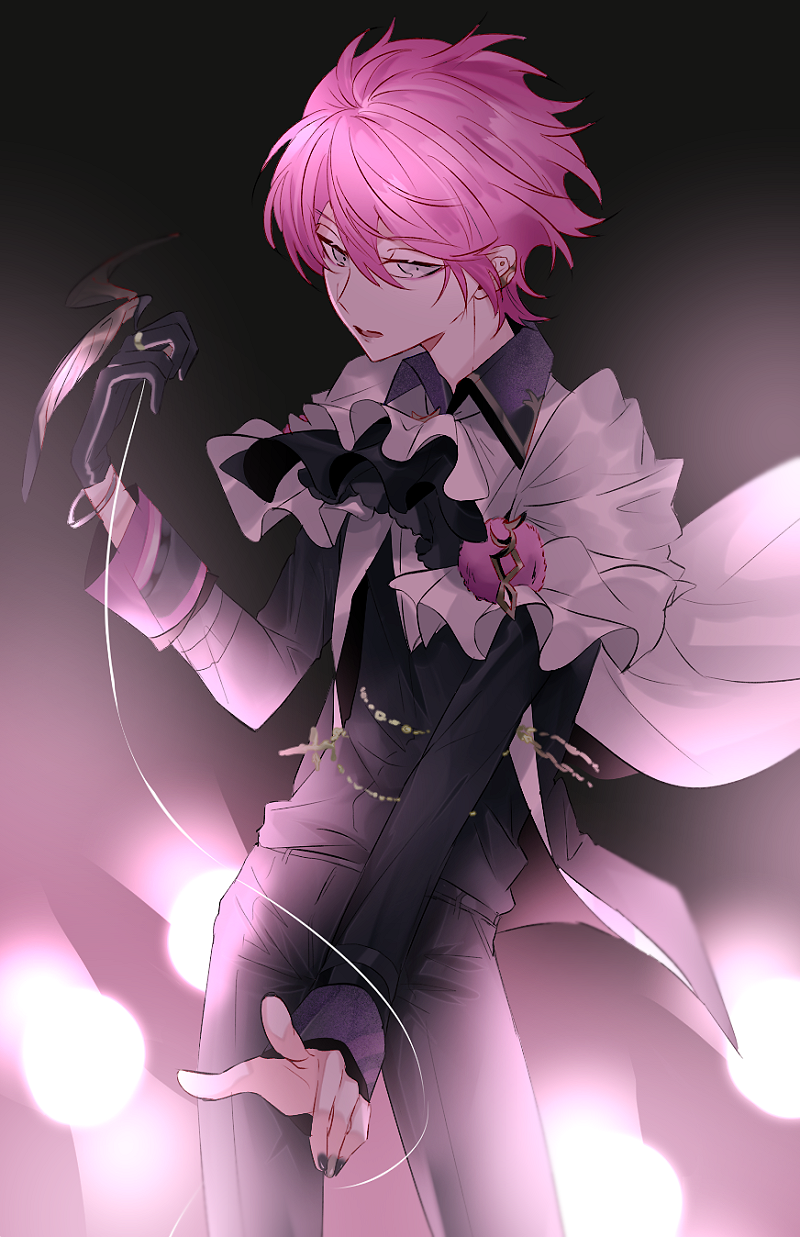 1boy, black_background, black_gloves, black_nails, black_pants, black_shirt, dear_vocalist, ear_piercing