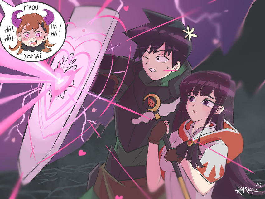 1boy, 2girls, absurdres, bangs, black_hair, character_name, fantasy, heart