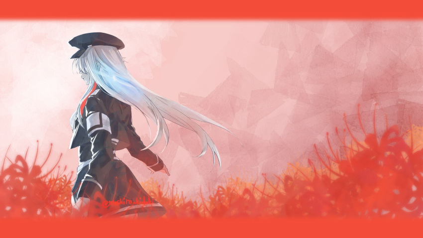 1girl, 86_-eightysix-, black_dress, black_headwear, black_jacket, blue_hair, border, dress, floating_hair, flower, hat, highres, jacket, letterboxed, long_hair, long_sleeves, mashiro_kizuki, military, military_uniform, red_border, red_flower, short_dress, solo, twitter_username, uniform, vladilena_millize