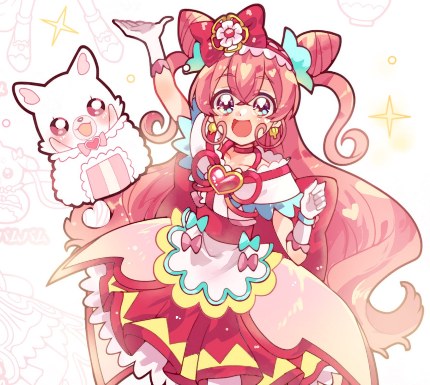 1girl, blue_eyes, brooch, choker, cone_hair_bun, cure_precious, delicious_party_precure, earrings