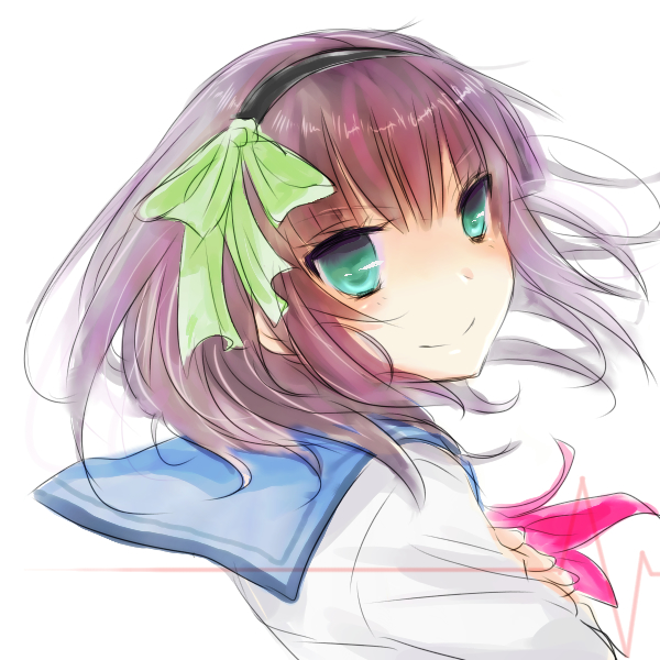 bad_id, green_eyes, kairi_(mglg), looking_back, purple_hair, school_uniform, serafuku, short_hair