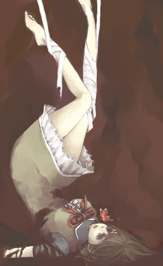 bandage, bandages, barefoot, brown_hair, butterfly, crimson_butterfly, dress, fatal_frame