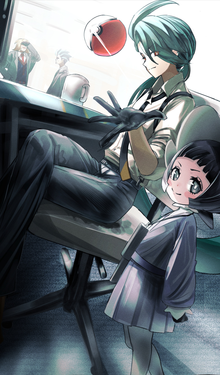 2boys, 2girls, bangs, black_hair, black_necktie, black_pants, blunt_bangs, blush_stickers