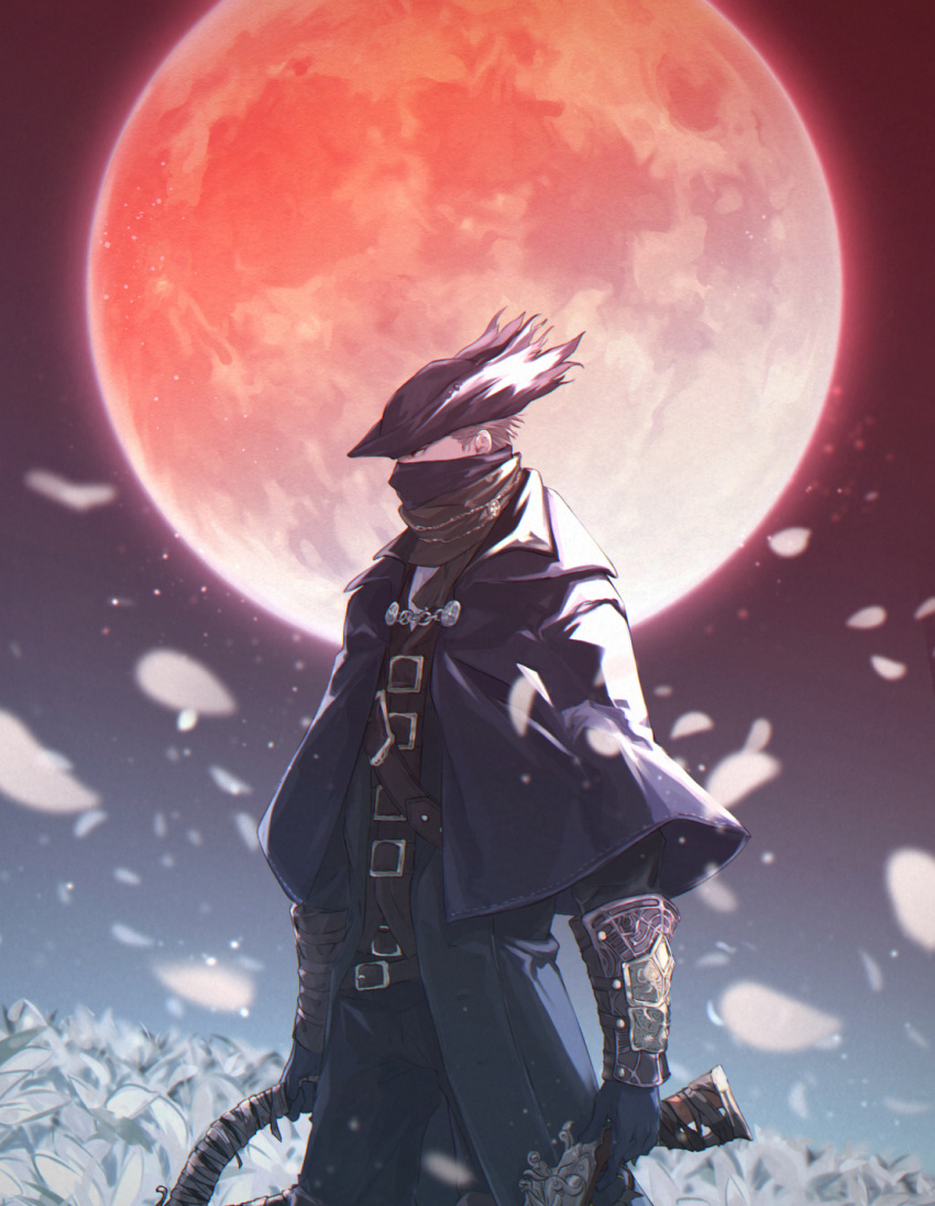 1boy, belt, bloodborne, bracer, capelet, coat, cowboy_shot, full_moon