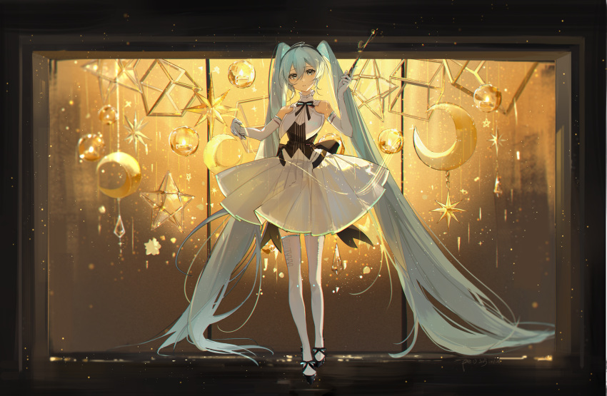 1girl, aqua_hair, bangs, baton_(conducting), black_bow, black_bowtie, black_footwear, bow