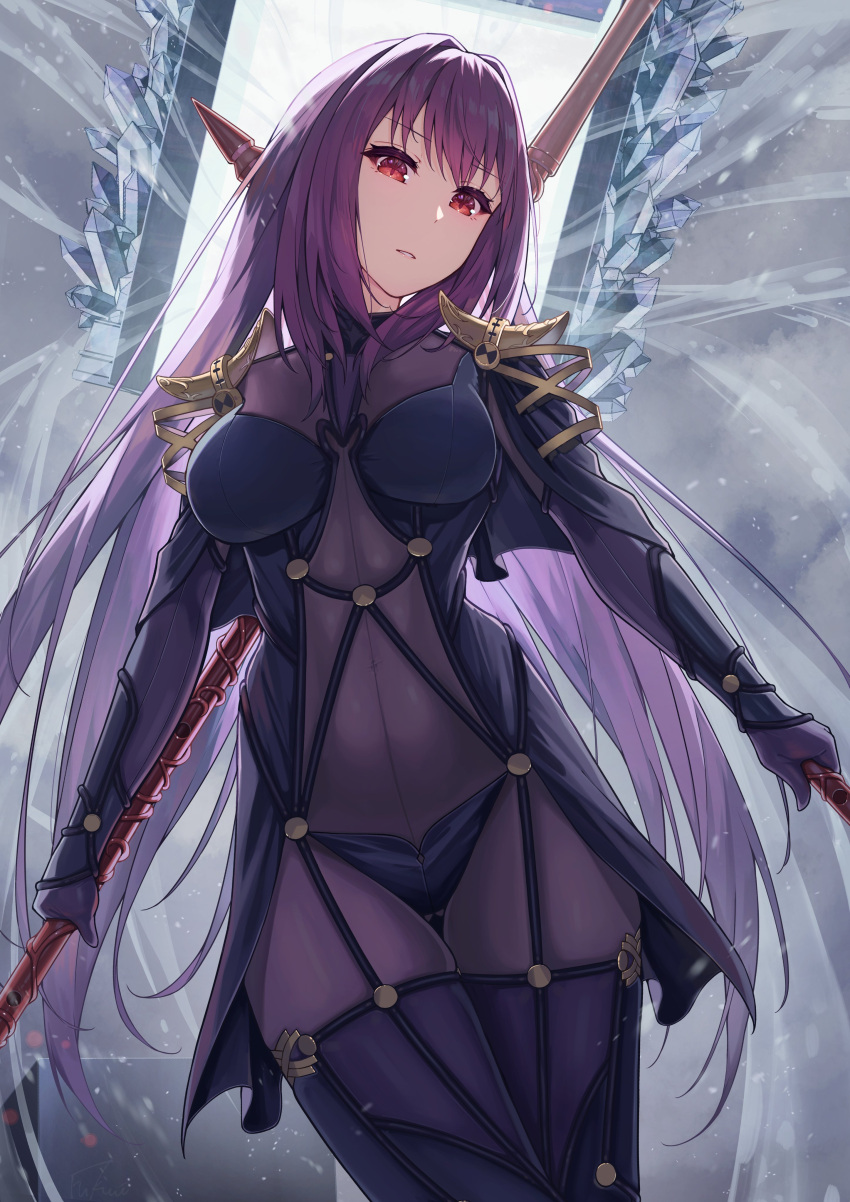 1girl, absurdres, armor, bangs, bodysuit, breasts, commentary_request, dual_wielding, fate/grand_order, fate_(series), fukuidesu0110, gae_bolg_(fate), hair_between_eyes, hair_intakes, head_tilt, highres, holding, holding_polearm, holding_weapon, long_hair, looking_at_viewer, medium_breasts, polearm, purple_bodysuit, purple_hair, red_eyes, scathach_(fate), shoulder_armor, solo, spear, very_long_hair, weapon