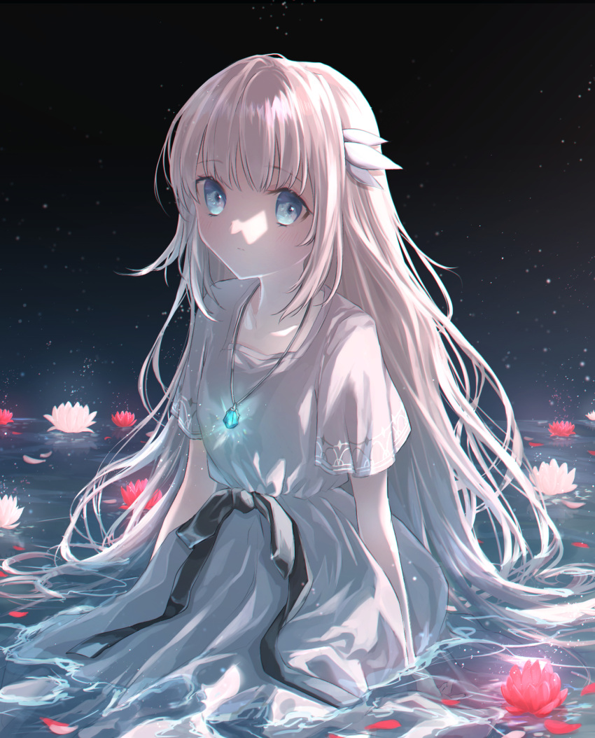 1girl, backlighting, blue_eyes, commentary_request, dress, ender_lilies_quietus_of_the_knights, hair_ribbon, highres