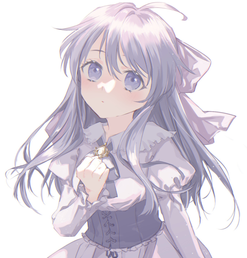 1girl, ahoge, blush, bow, brooch, clenched_hand, corset, dress