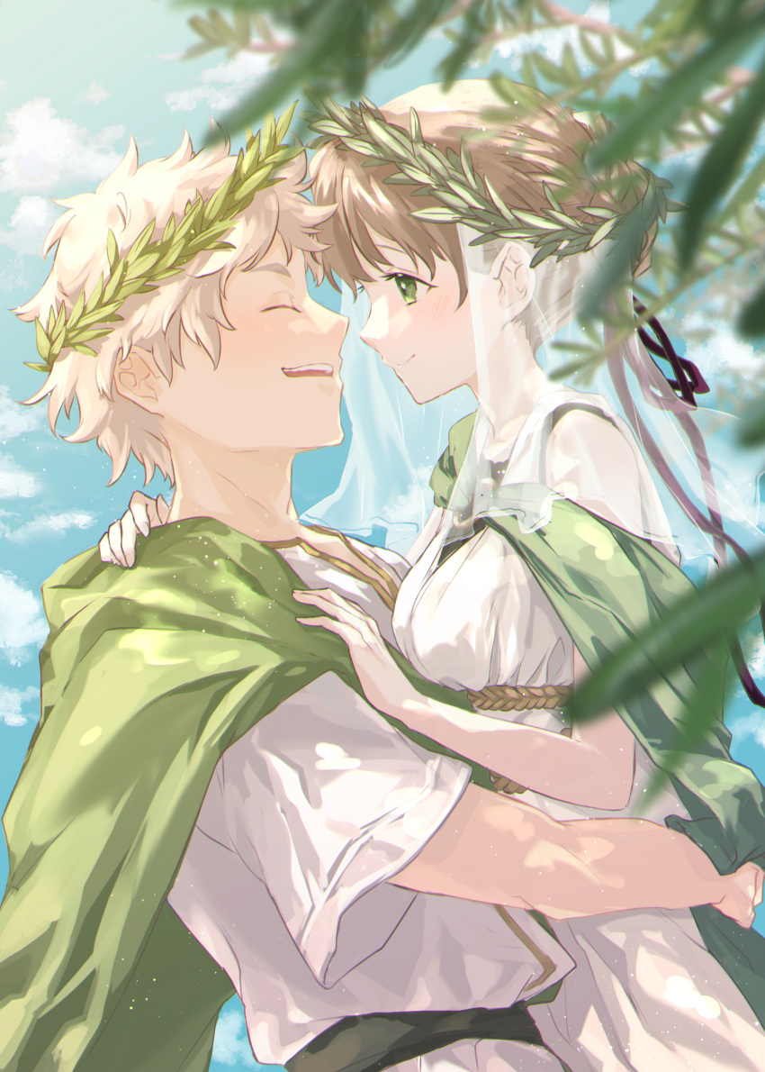 1boy, 1girl, blue_sky, blush, branch, chiton, closed_eyes, clouds