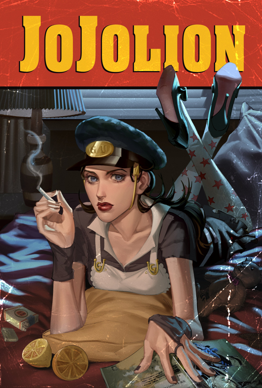1girl, absurdres, apron, artist_request, black_hair, black_nails, blue_eyes, cigarette