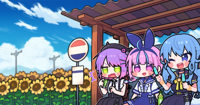 3girls, :d, ahoge, bag, beret, black_headwear, black_sailor_collar, black_serafuku