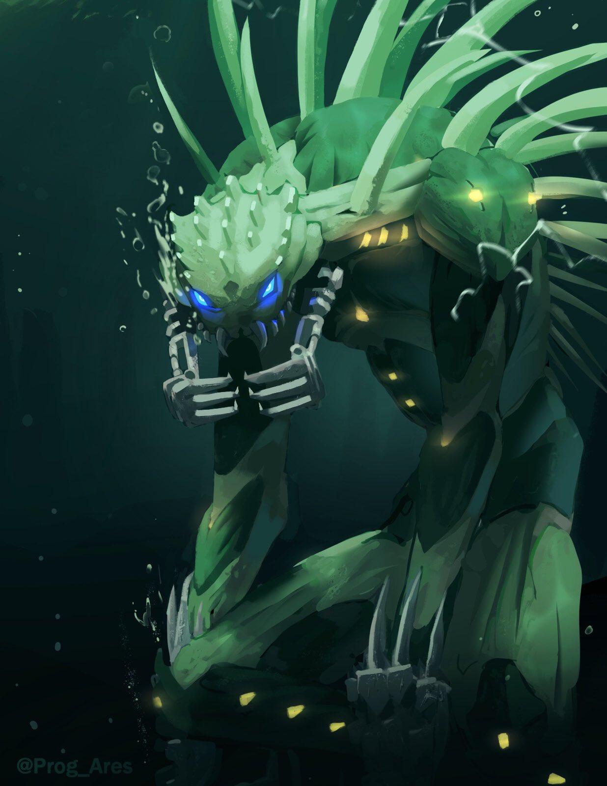 bionicle, blue_eyes, bubble, ehlek_(bionicle), english_commentary, glowing, glowing_eyes, highres, humanoid_robot, hunched_over, looking_at_viewer, prog_ares, robot, solo, spikes, the_lego_group, underwater