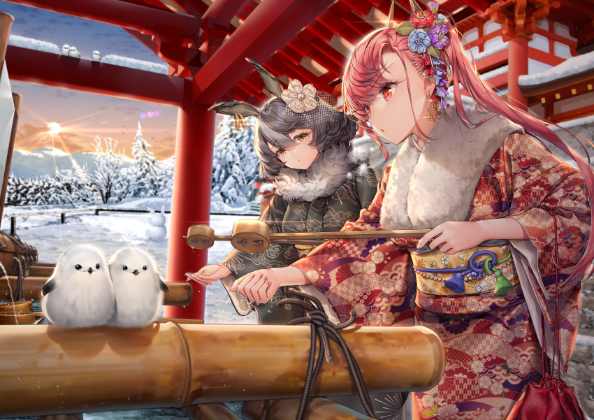 2girls, absurdres, agrt, aiken_(echocalypse), animal_ears, bangs, bird, black_hair