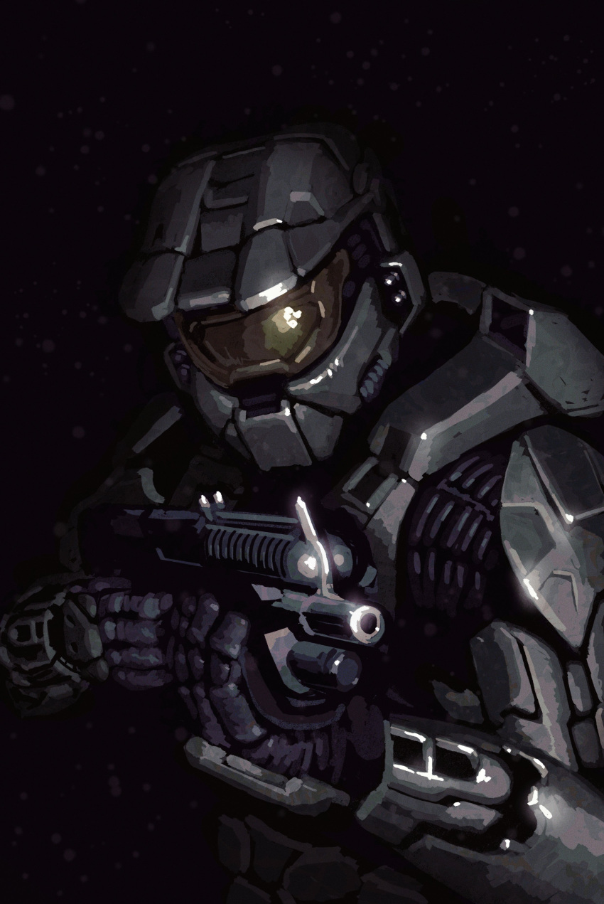 1boy, absurdres, black_background, english_commentary, gun, halo_(series), halo_3, highres, holding, holding_gun, holding_weapon, jj_rabbid, looking_ahead, m90, male_focus, master_chief, power_armor, shotgun, solo, spot_color, upper_body, weapon