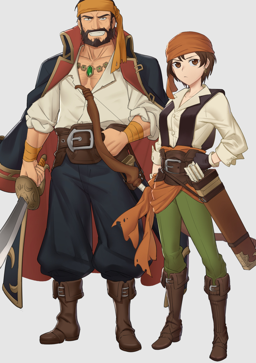 1boy, 1girl, absurdres, bandana, belt, boots, brown_footwear, brown_hair