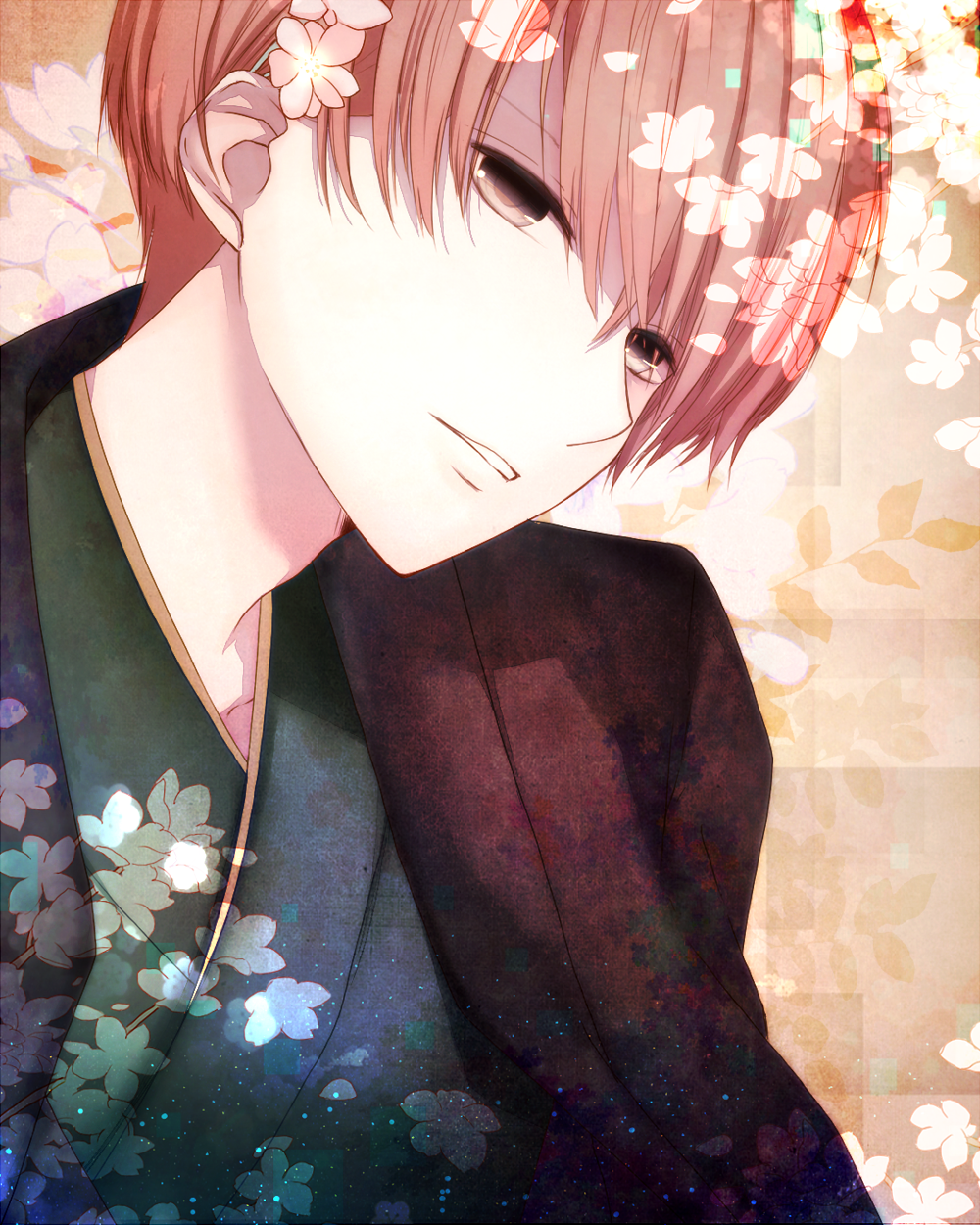 1boy, 5204, bangs, brown_eyes, brown_hair, flower, hair_flower, hair_ornament, highres, hiyoshi_wakashi, japanese_clothes, male_focus, parted_lips, pink_flower, short_hair, solo, tan_background, tennis_no_ouji-sama, upper_body, white_flower