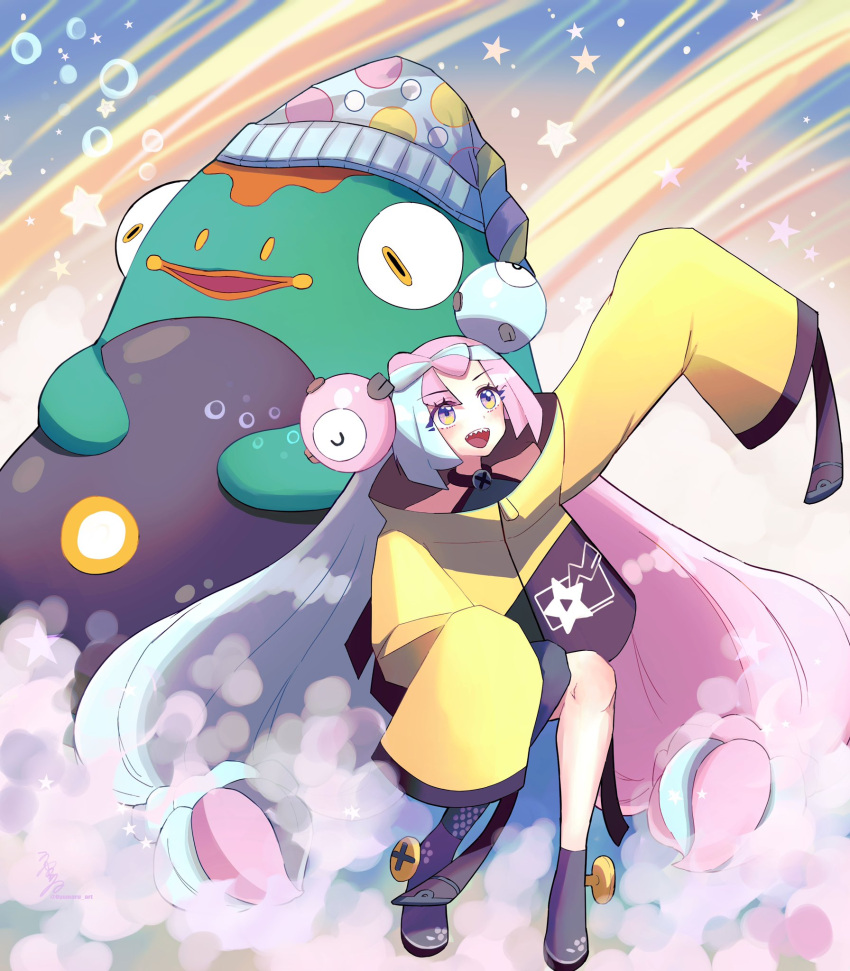1girl, arm_up, bangs, bellibolt, bow-shaped_hair, character_hair_ornament, grey_footwear, grey_pantyhose, hair_ornament, hat, highres, iono_(pokemon), jacket, long_hair, low-tied_long_hair, multicolored_hair, nightcap, open_mouth, oversized_clothes, pantyhose, pink_eyes, pink_hair, pokemon, pokemon_(creature), pokemon_(game), pokemon_sv, screw, sharp_teeth, shirt, single_leg_pantyhose, sleeveless, sleeveless_shirt, sleeves_past_fingers, sleeves_past_wrists, smile, star_(symbol), teeth, twintails, two-tone_hair, uyumaru_art, very_long_hair, x, yellow_jacket