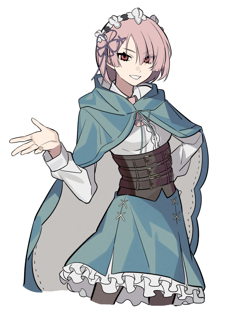1girl, absurdres, bangs, belt, brown_belt, brown_pantyhose, cloak, green_cloak, green_skirt, hair_ornament, hair_ribbon, hairband, hand_on_hip, highres, hood, hooded_cloak, kiliko-san, long_sleeves, looking_at_viewer, orange_eyes, pantyhose, pink_hair, purple_ribbon, ram_(re:zero), re:zero_kara_hajimeru_isekai_seikatsu, ribbon, shirt, short_hair, simple_background, skirt, smile, solo, teeth, white_background, white_shirt, x_hair_ornament