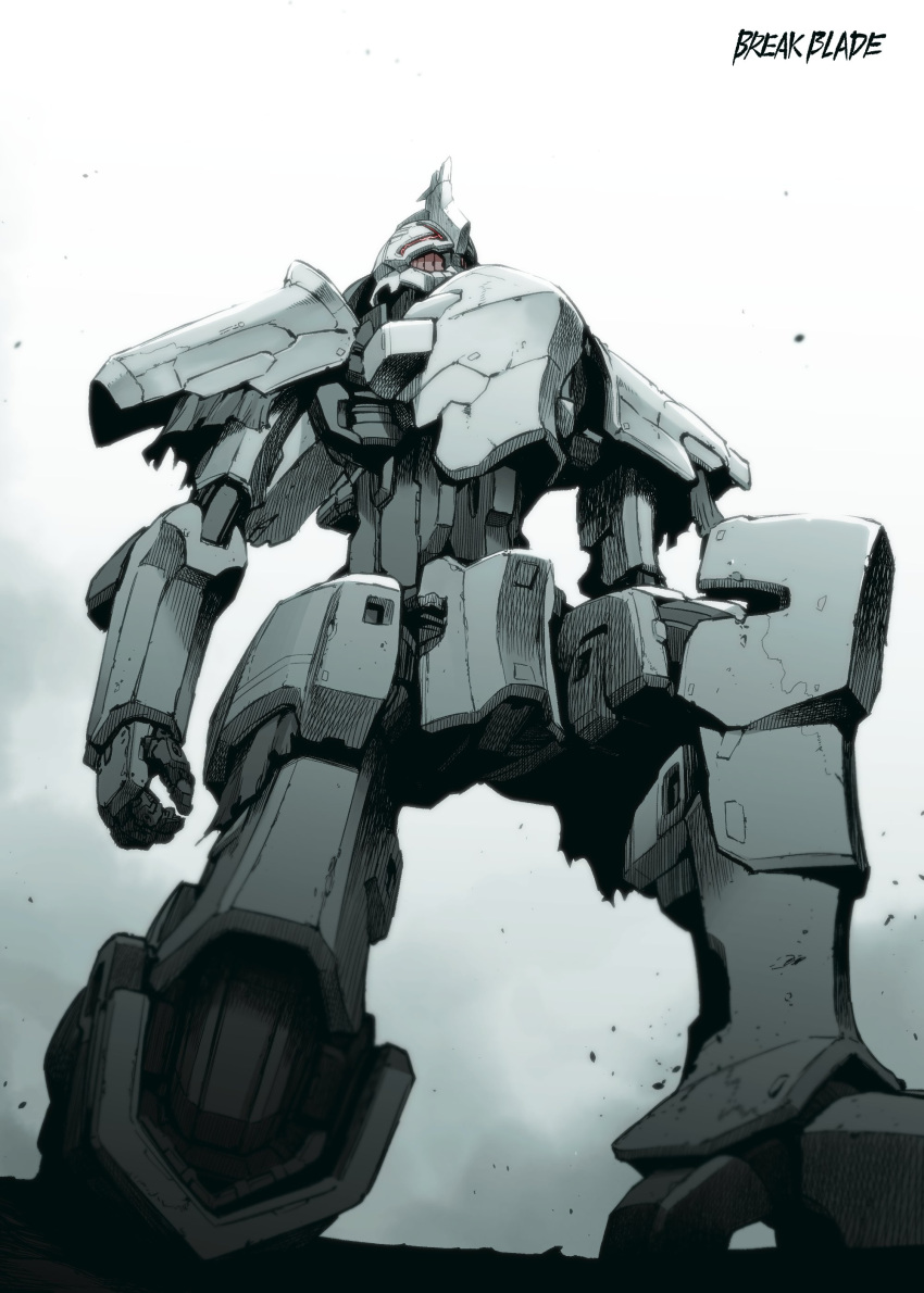 absurdres, break_blade, copyright_name, delphine_(break_blade), from_below, highres, ishiyumi, limited_palette, looking_up, mecha, no_humans, one_knee, red_eyes, robot, science_fiction, solo
