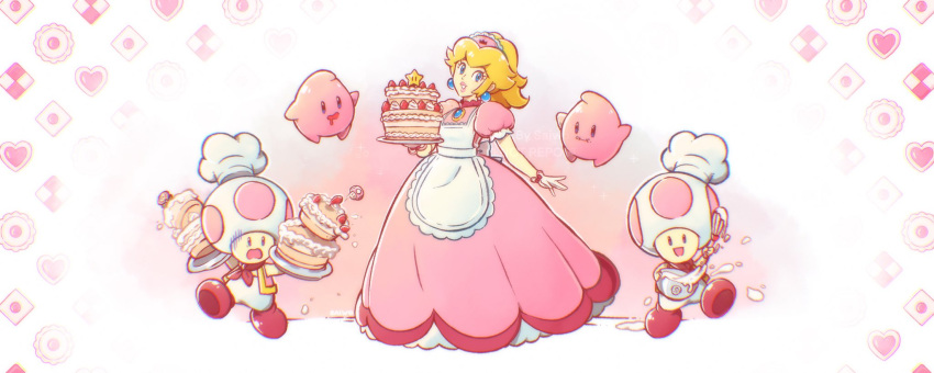 1girl, 2boys, apron, blonde_hair, blue_eyes, bowl, cake, chef_hat