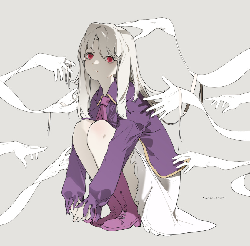 1girl, boots, collared_shirt, fate/stay_night, fate_(series), full_body, grey_background, grey_hair