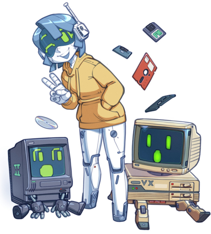 1girl, 2others, android, cameron_sewell, cd, commentary, computer, english_commentary