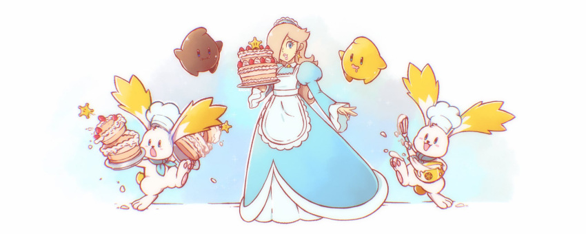1girl, 2boys, apron, blue_dress, blue_eyes, blue_neckerchief, bowl, cake