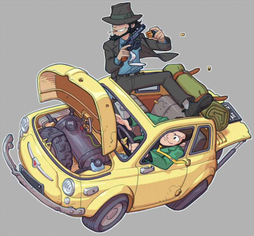 2boys, arsene_lupin_iii, black_hair, black_headwear, black_jacket, black_pants, blue_shirt, cameron_sewell