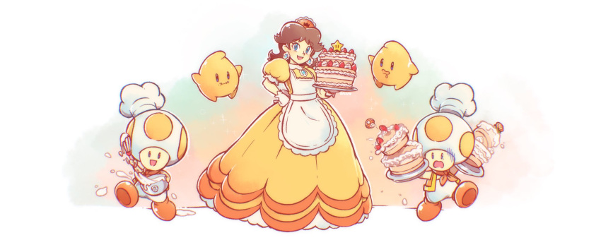 1girl, 2boys, apron, blue_eyes, bowl, cake, chef_hat, commentary