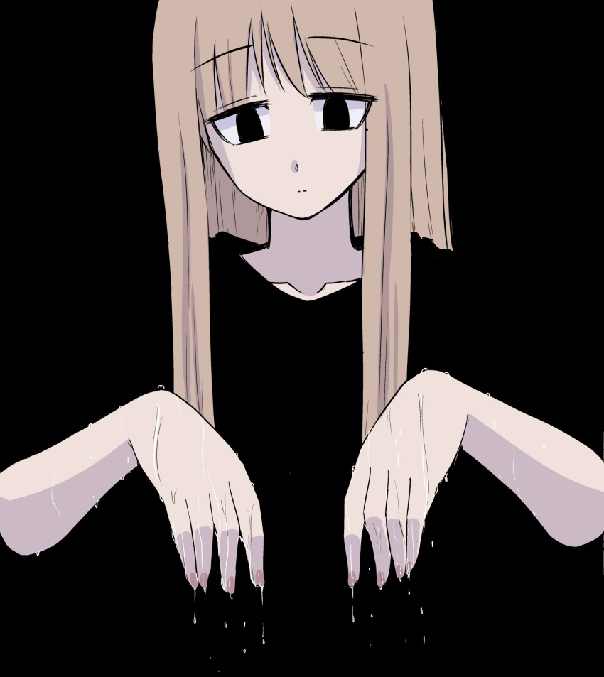 1girl, bangs, black_background, black_eyes, black_shirt, brown_hair, collarbone, dripping