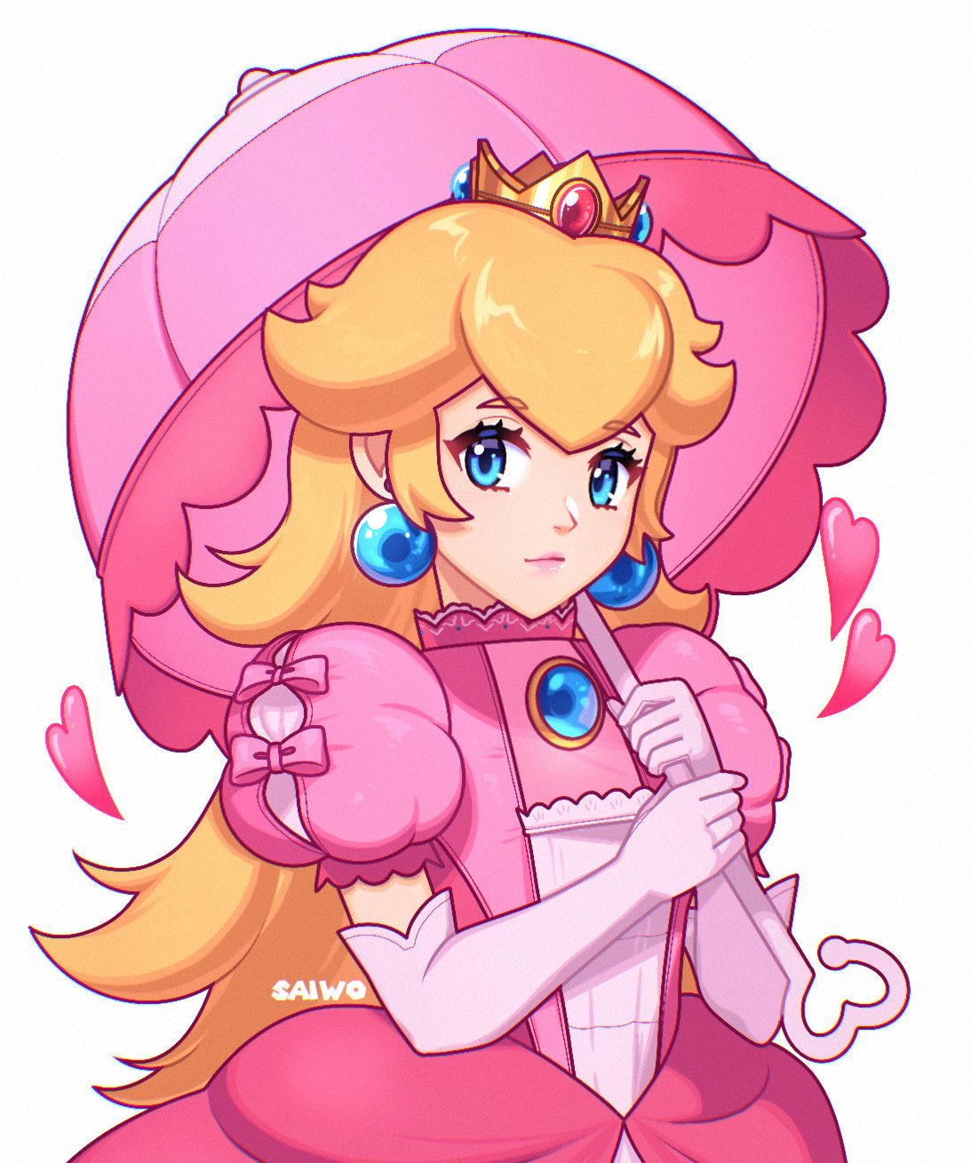 1girl, blonde_hair, blue_eyes, commentary, crown, dress, earrings, elbow_gloves, english_commentary, gloves, highres, holding, holding_umbrella, jewelry, long_hair, looking_at_viewer, parasol, pink_dress, pink_gloves, princess_peach, saiwoproject, simple_background, super_mario_bros., umbrella, upper_body, white_background