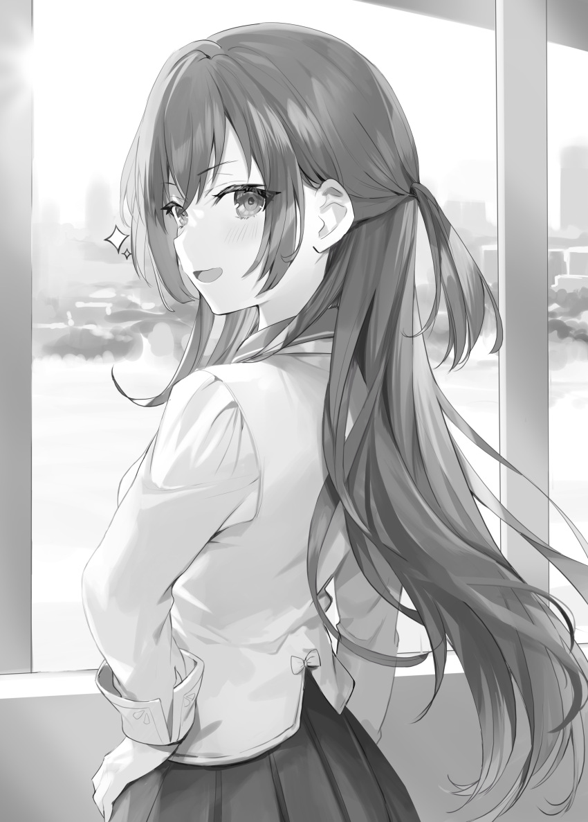 1girl, absurdres, back, bangs, blazer, blush, breasts, building