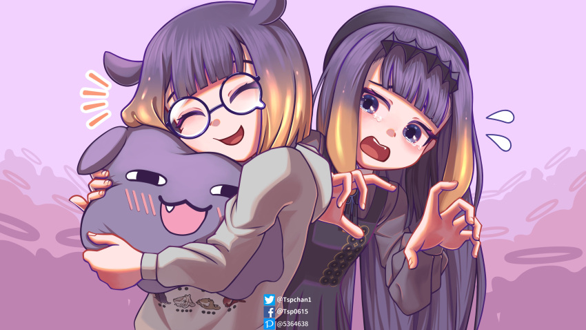 2girls, :d, ^_^, absurdres, ane'nis_(ninomae_ina'nis), bangs, beret, black_dress