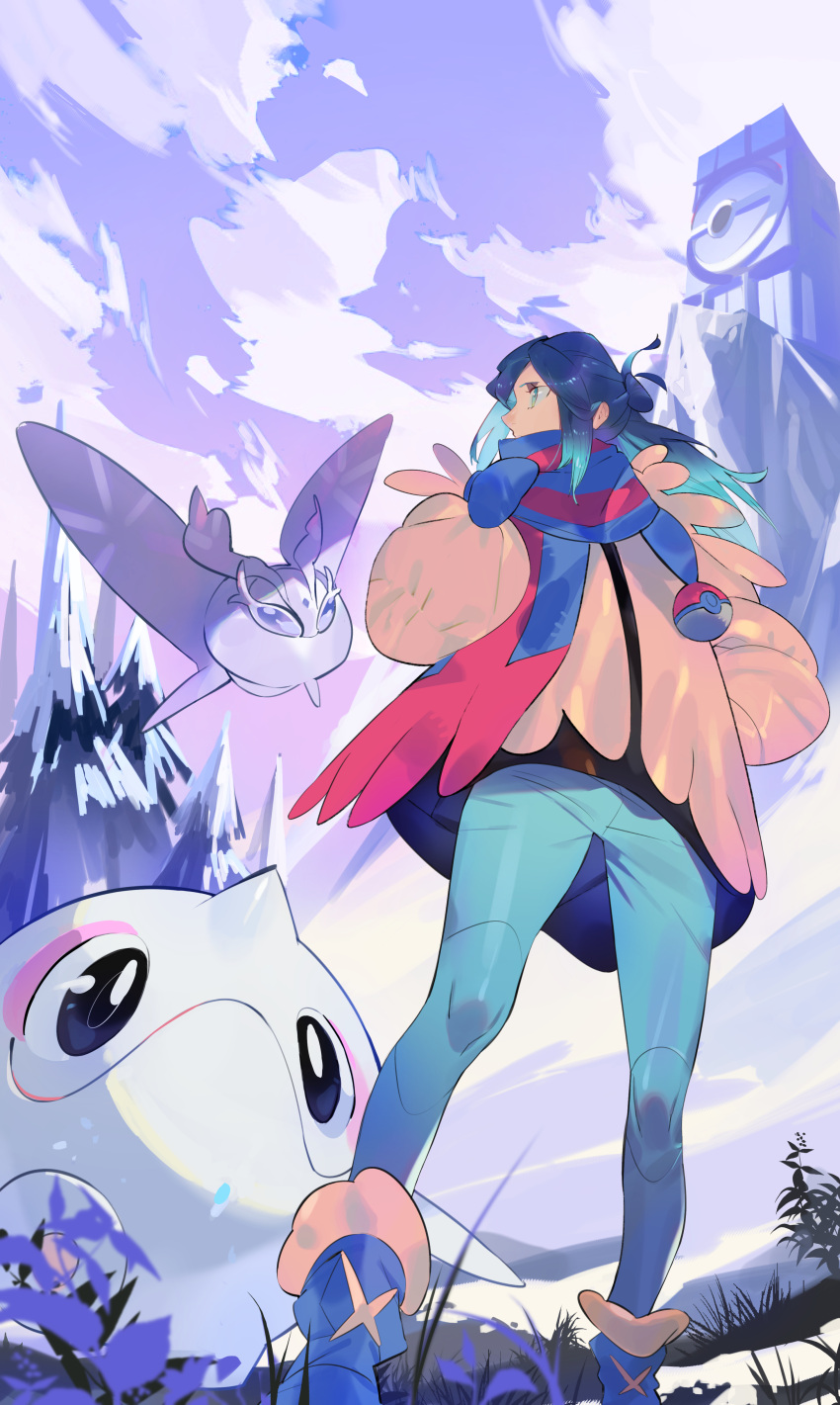 1boy, absurdres, blue_footwear, blue_mittens, blue_scarf, boots, cetoddle, clouds