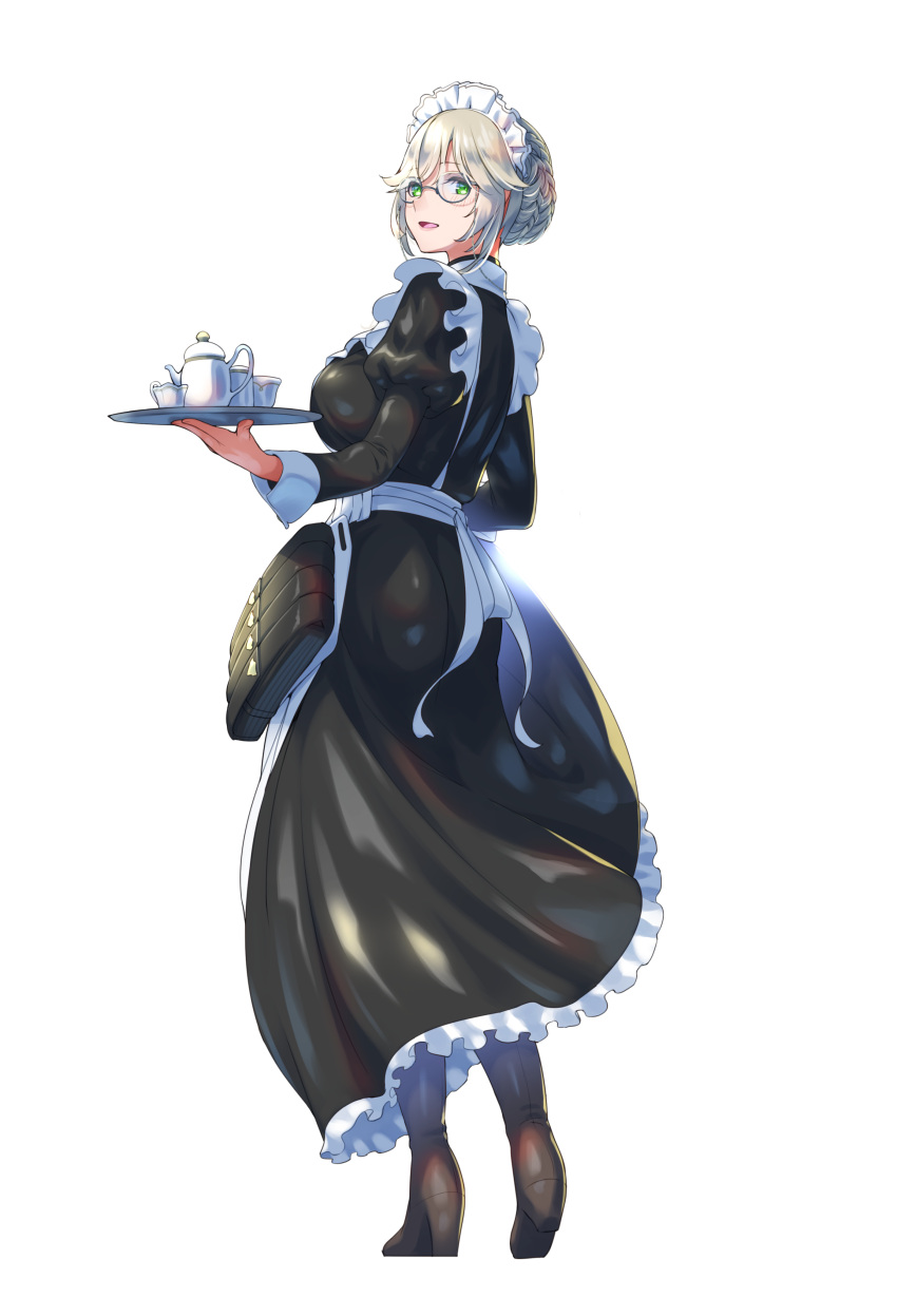 1girl, absurdres, ade_(nikke), apron, black_dress, blush, boots, braid