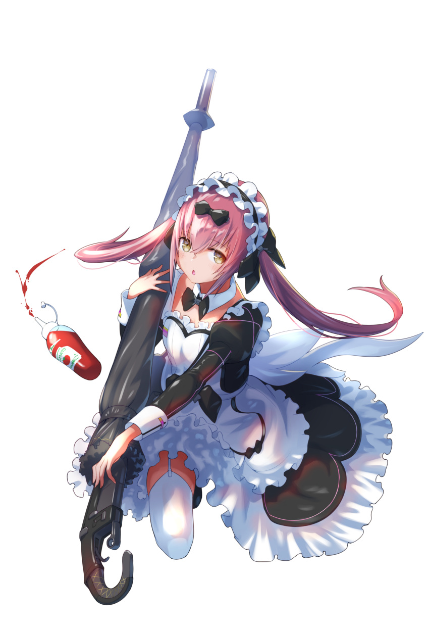 1girl, absurdres, apron, black_bow, black_bowtie, black_dress, blush, bottle