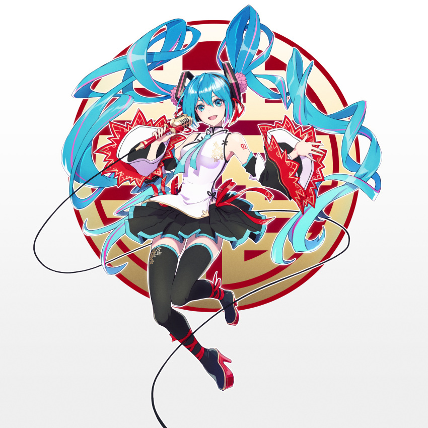 1girl, :d, adapted_costume, aqua_eyes, aqua_hair, bare_shoulders, black_footwear, black_skirt, blue_necktie, boots, chinese_clothes, detached_sleeves, full_body, hair_between_eyes, hatsune_miku, highres, long_hair, looking_at_viewer, necktie, official_art, pleated_skirt, skirt, sleeveless, smile, solo, tenkey2022, thigh_boots, twintails, very_long_hair, vocaloid