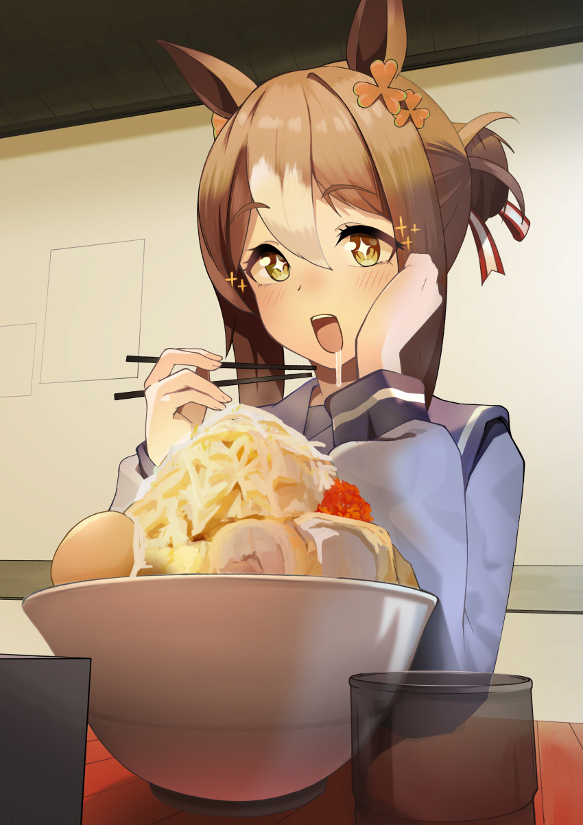 +_+, 1girl, :d, absurdres, animal_ears, blush, brown_hair, buruma, chopsticks, fine_motion_(umamusume), food, hair_between_eyes, hair_bun, hair_ribbon, highres, holding, holding_chopsticks, horse_ears, horse_girl, jirou_(ramen), krmrsn9603, long_sleeves, noodles, ramen, ribbon, saliva, school_uniform, sidelocks, single_hair_bun, smile, tracen_school_uniform, umamusume, white_hair, yellow_eyes