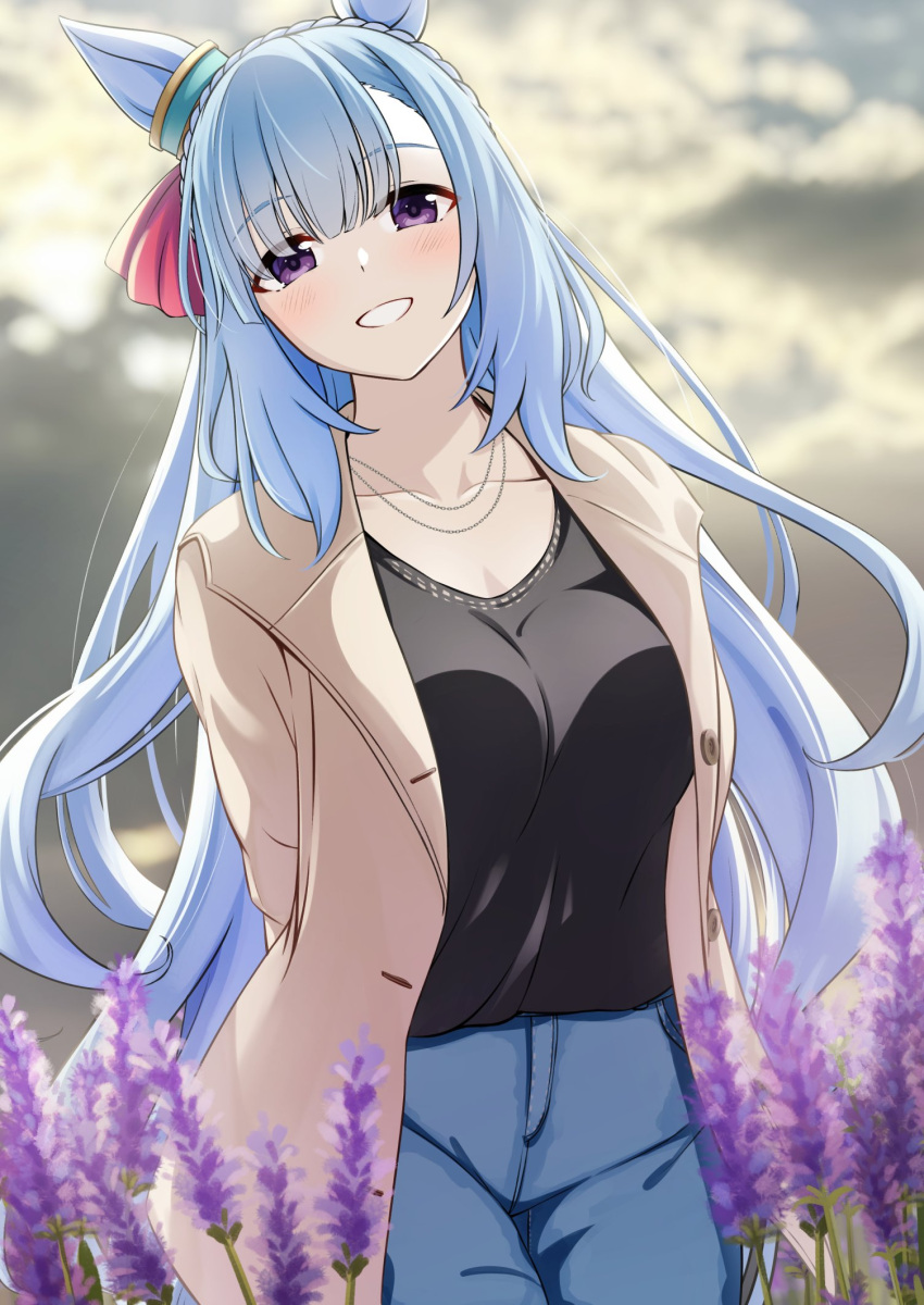 1girl, alternate_costume, animal_ears, black_shirt, blue_hair, blush, braid, breasts