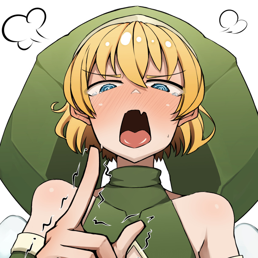 1boy, androgynous, bare_shoulders, blonde_hair, blue_eyes, blush, crying, crying_with_eyes_open